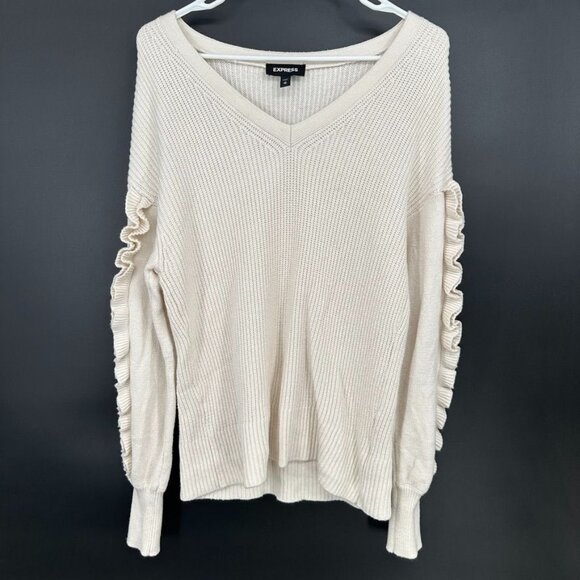 Express Sweater Ruffle LONG Sleeve Women's Size X-Small XS V NECK Cream - Picture 1 of 9
